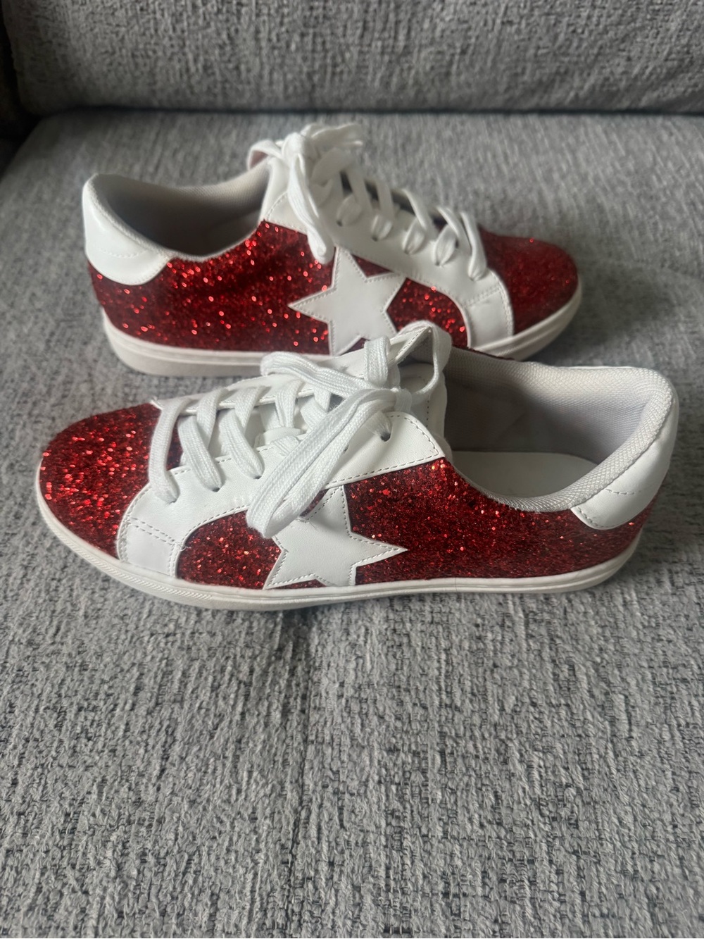 Women's Red Glitter Star Lace-Up Sneakers with White Accents